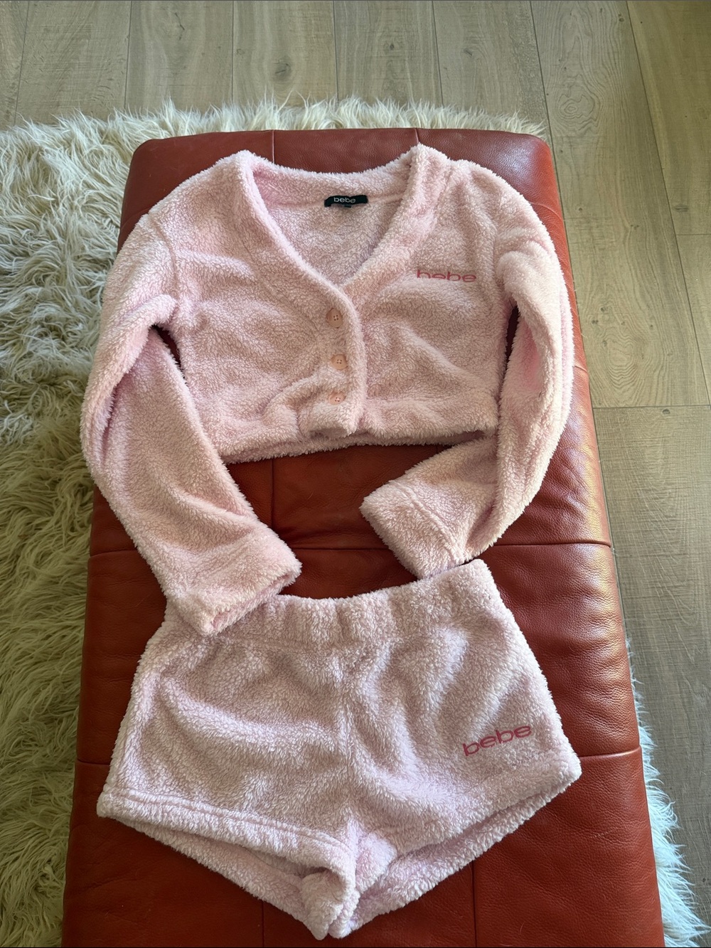 bebe Light Pink Plush Pajama Set - Cropped Cardigan & Shorts